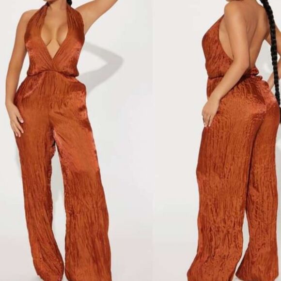 Fashion Nova Jumpsuit Seleste Satin Halter Backless Silky Soft Wide Leg Copper M - Picture 2 of 11